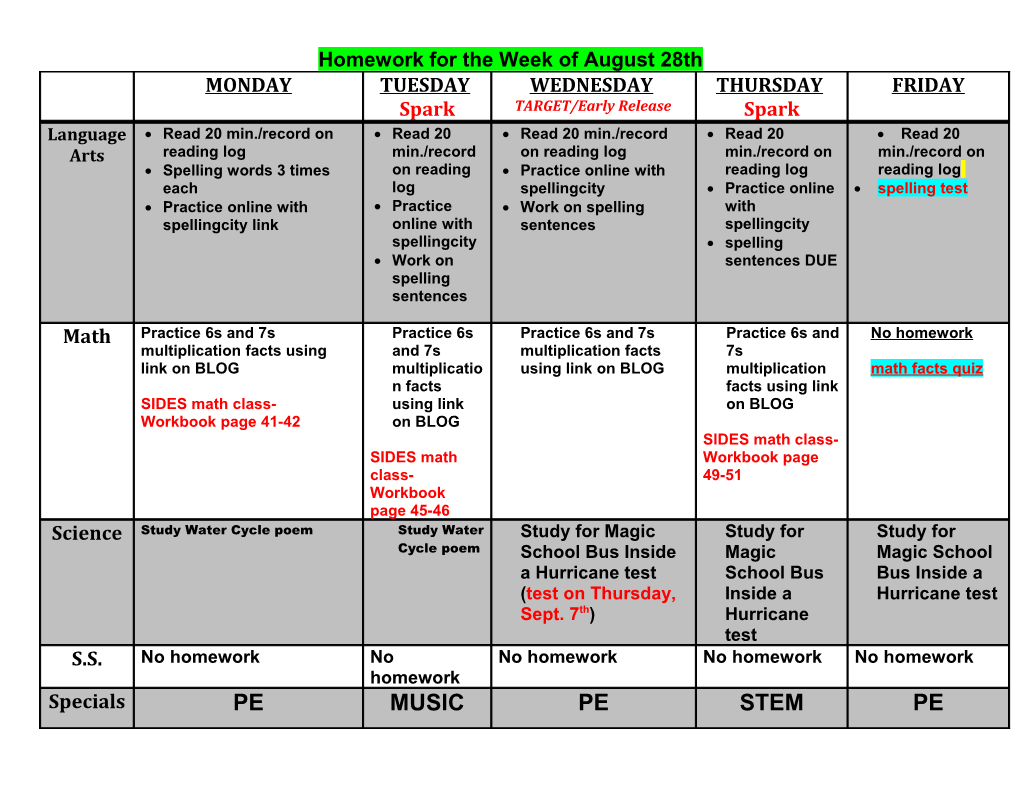 Homework for the Week of August 28Th