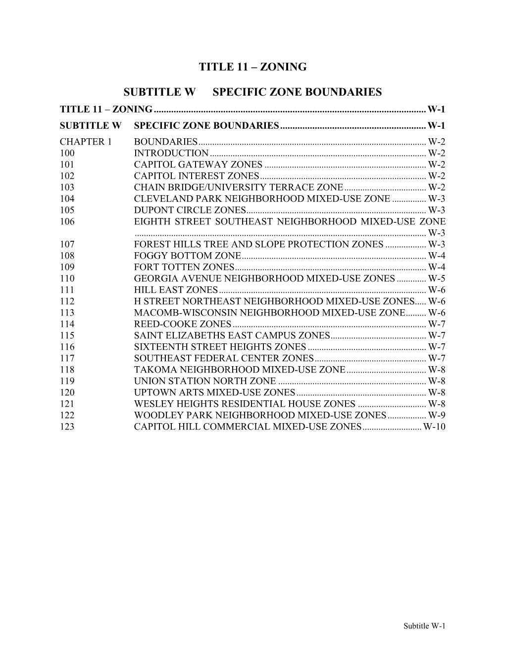 Title 11 – Zoning Subtitle W Specific Zone Boundaries