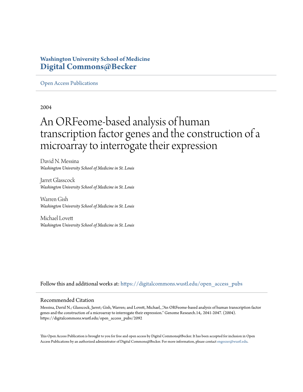 An Orfeome-Based Analysis of Human Transcription Factor Genes and the Construction of a Microarray to Interrogate Their Expression David N