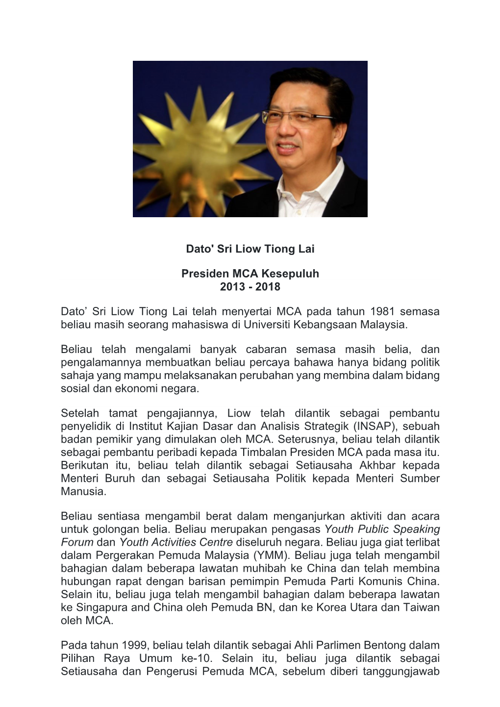 Dato' Sri Liow Tiong Lai Presiden MCA Kesepuluh 2013