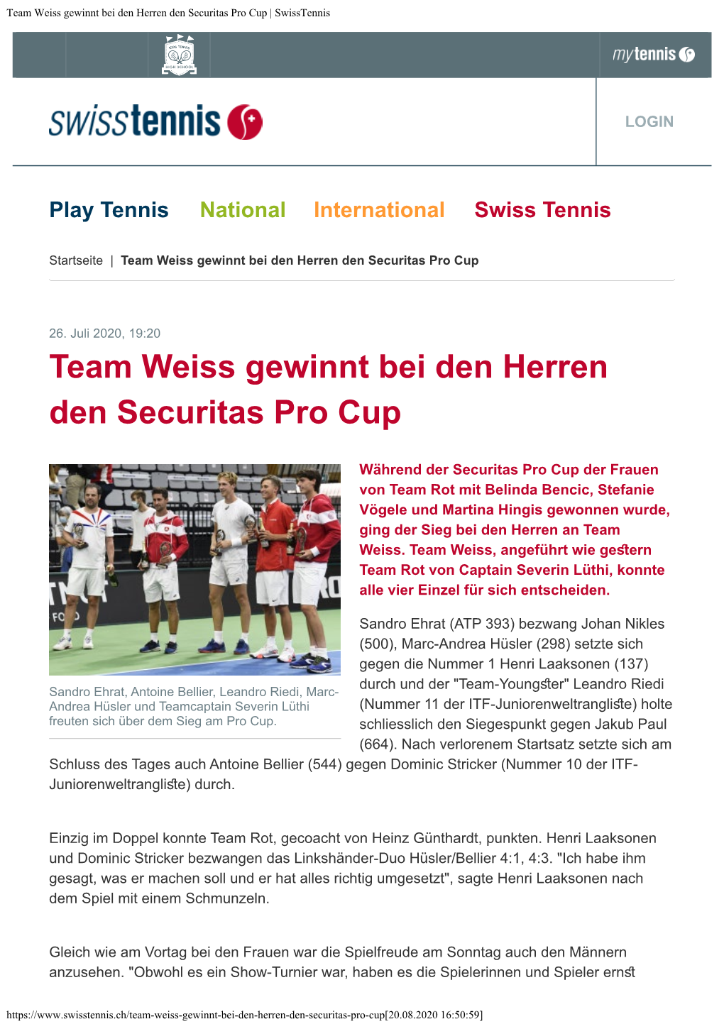 Team Weiss Gewinnt Bei Den Herren Den Securitas Pro Cup | Swisstennis