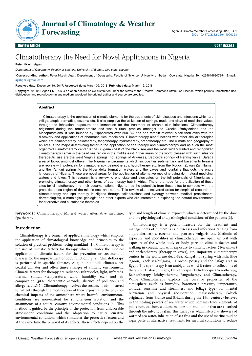 Climatotherapy the Need for Novel Applications in Nigeria