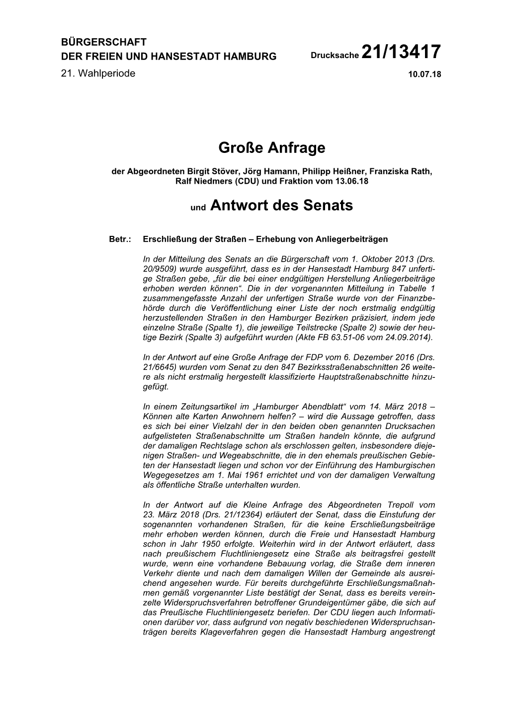 Große Anfrage Und Antwort Des Senats