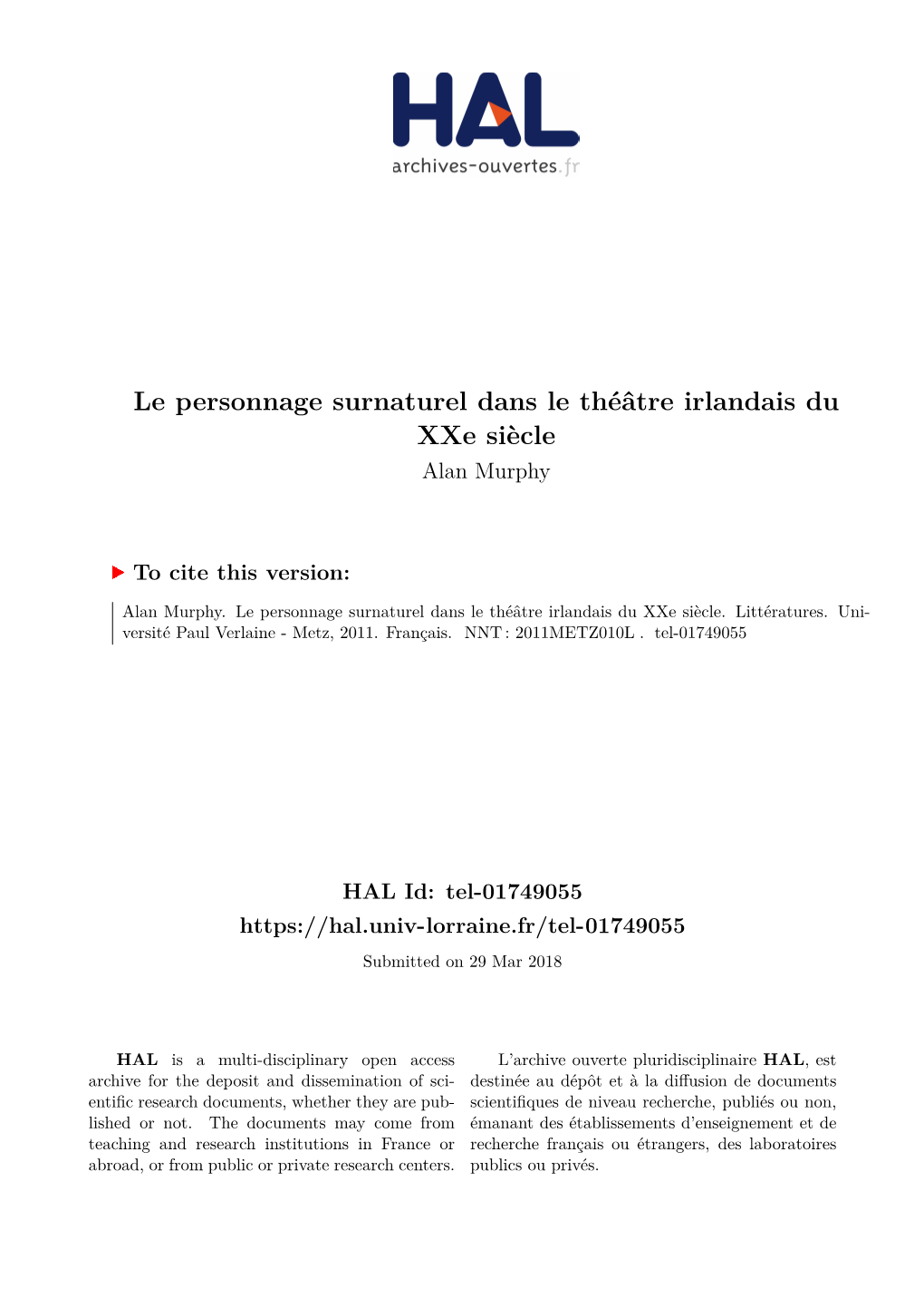 Le Personnage Surnaturel Dans Le Théâtre Irlandais Du Xxe Siècle Alan Murphy