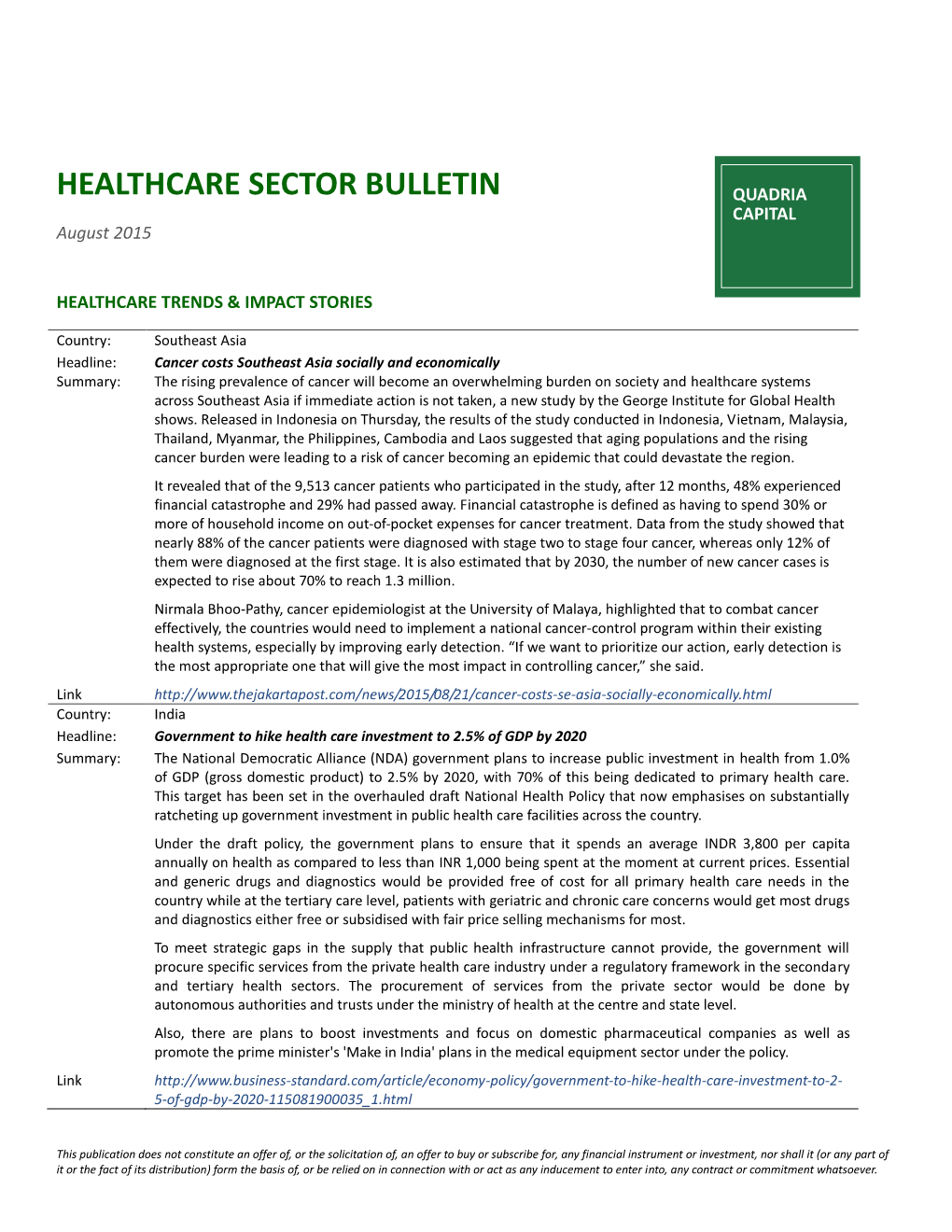 HEALTHCARE SECTOR BULLETIN QUADRIA CAPITAL August 2015