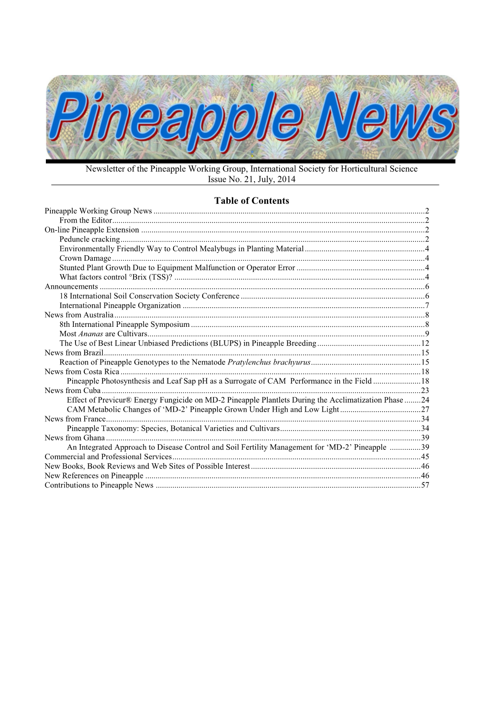 Table of Contents Pineapple Working Group News