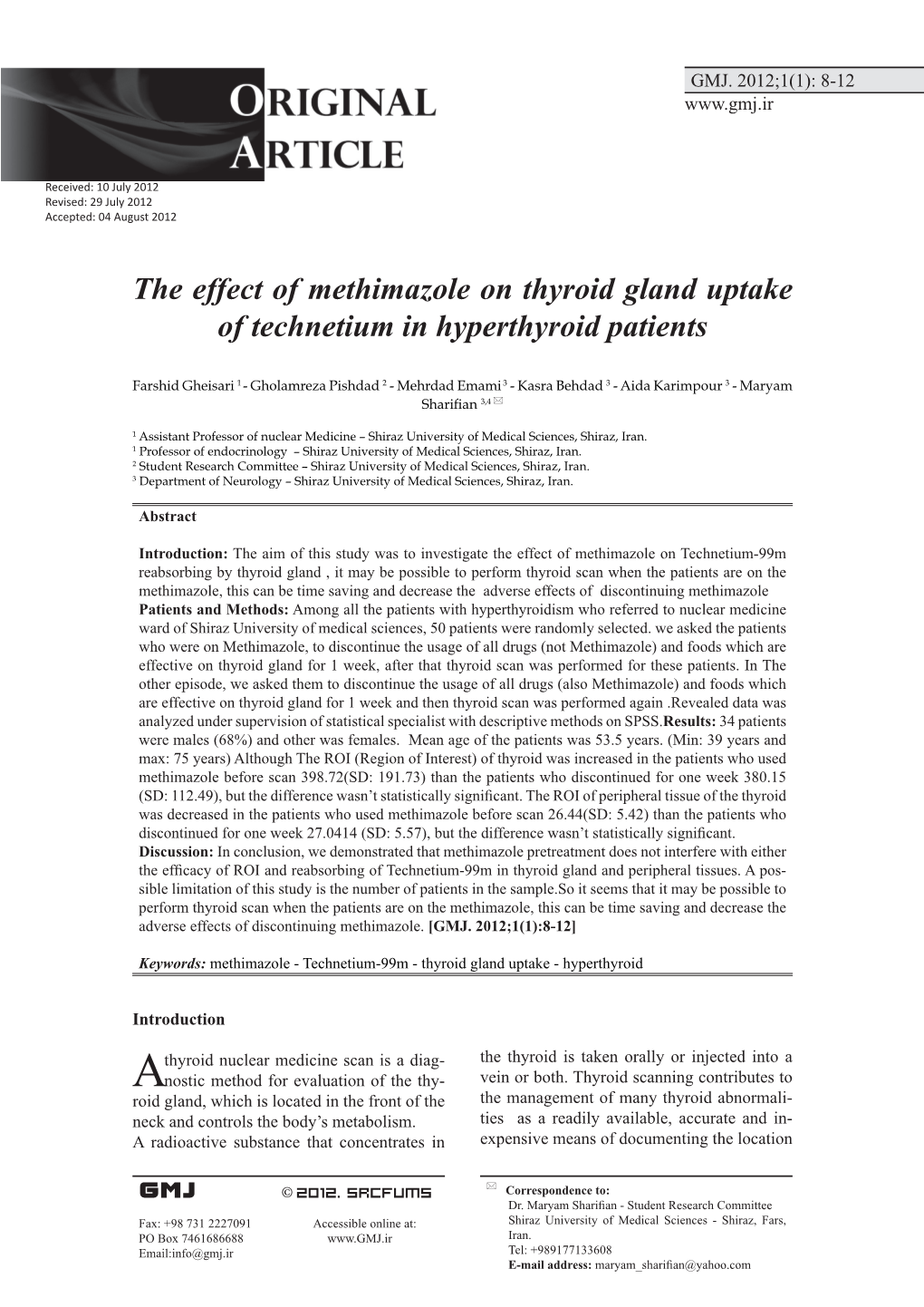 The Effect of Methimazole on Thyroid Gland Uptake of Technetium in Hyperthyroid Patients
