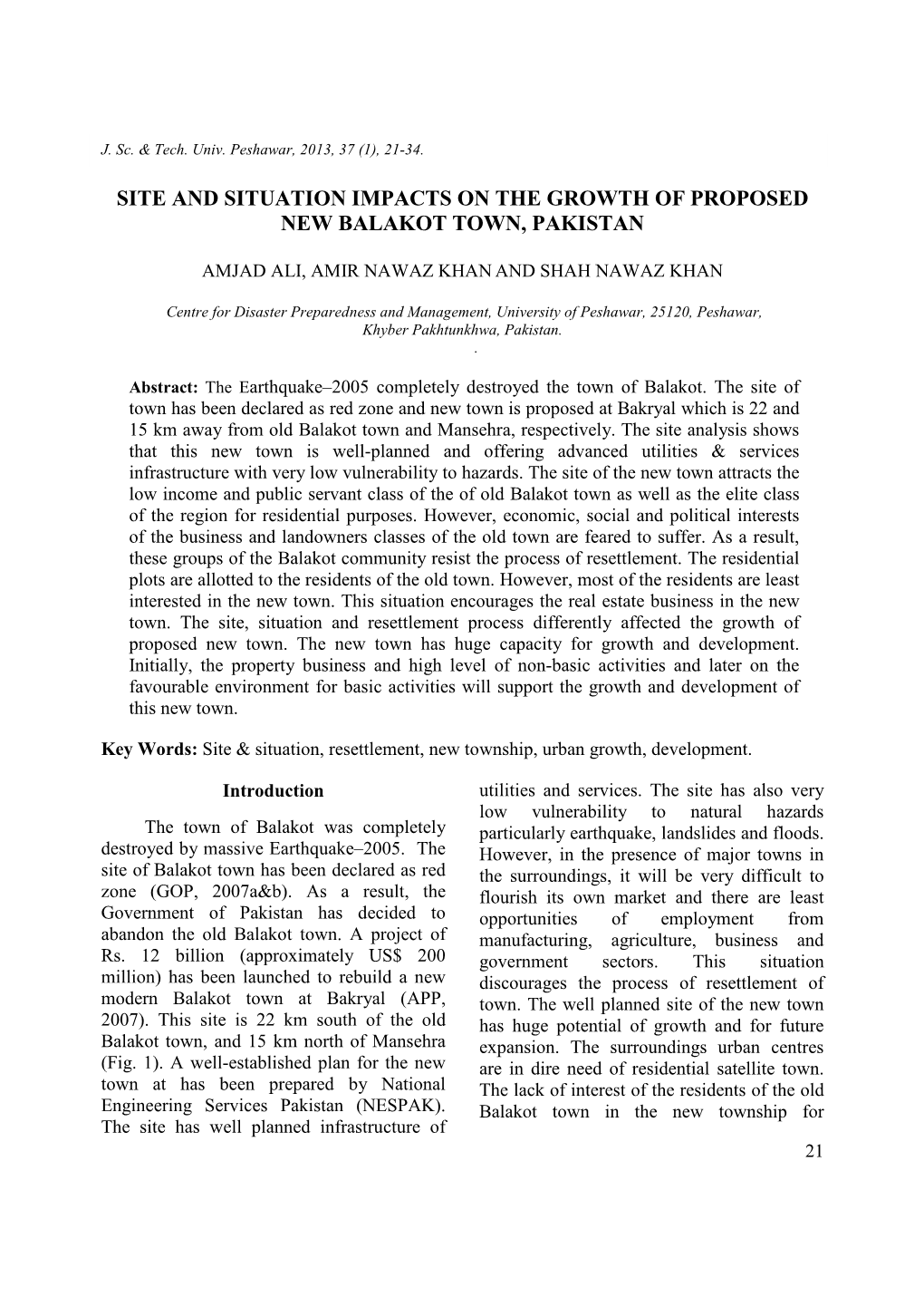 Site and Situation Impacts on the Growth of Proposed New Balakot Town, Pakistan