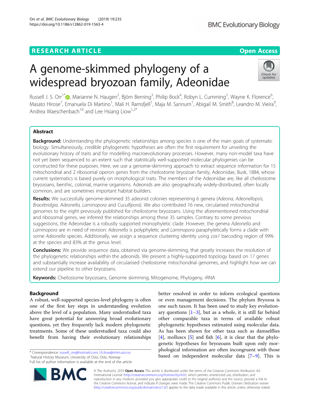 A Genome-Skimmed Phylogeny of a Widespread Bryozoan Family, Adeonidae Russell J