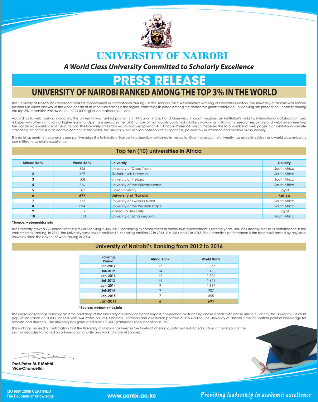 University of Nairobi Ranked Among the Top 3% in the World