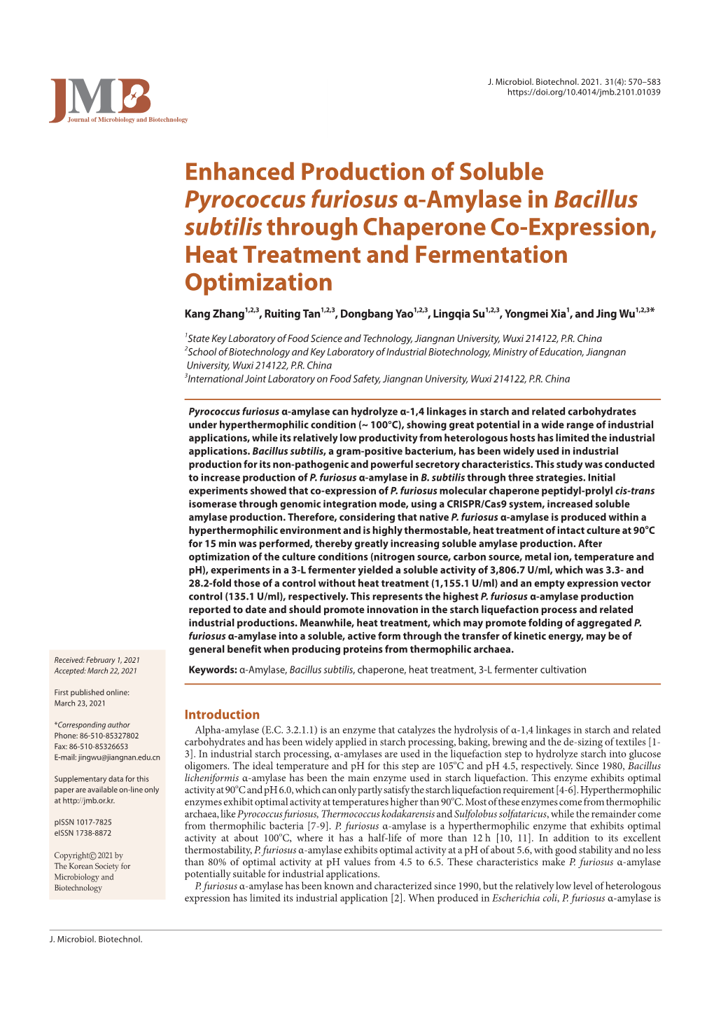 Enhanced Production of Soluble Pyrococcus Furiosus Α-Amylase in Bacillus Subtilisthrough Chaperone Co-Expression, Heat Treatmen