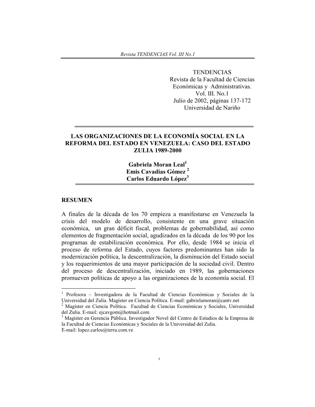 Las Organizaciones De La Economía Social En La Reforma Del Estado En Venezuela: Caso Del Estado Zulia 1989-2000