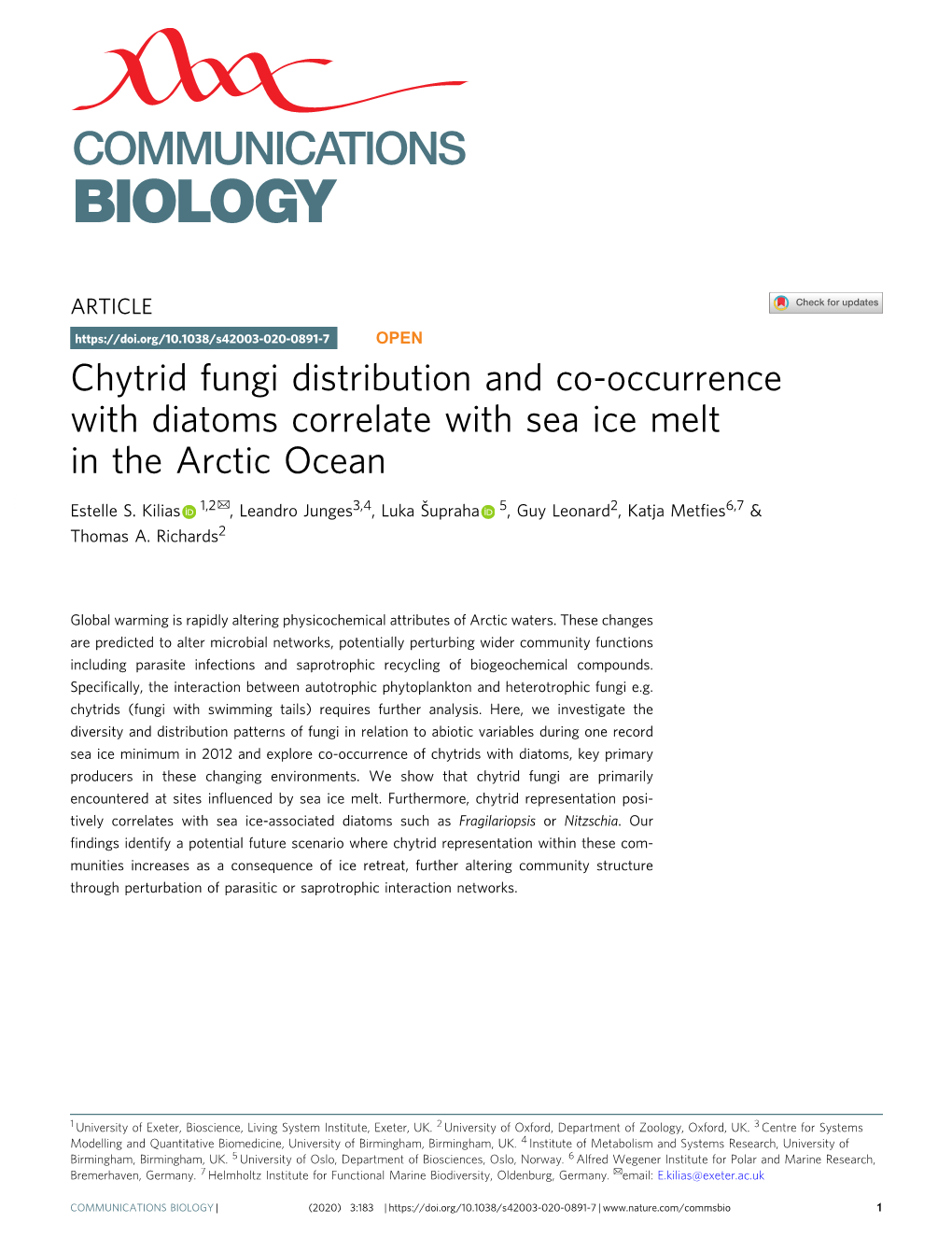 Chytrid Fungi Distribution and Co-Occurrence with Diatoms Correlate with Sea Ice Melt in the Arctic Ocean ✉ Estelle S