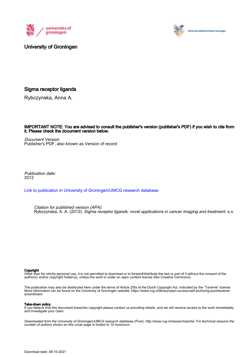 University of Groningen Sigma Receptor Ligands Rybczynska, Anna A