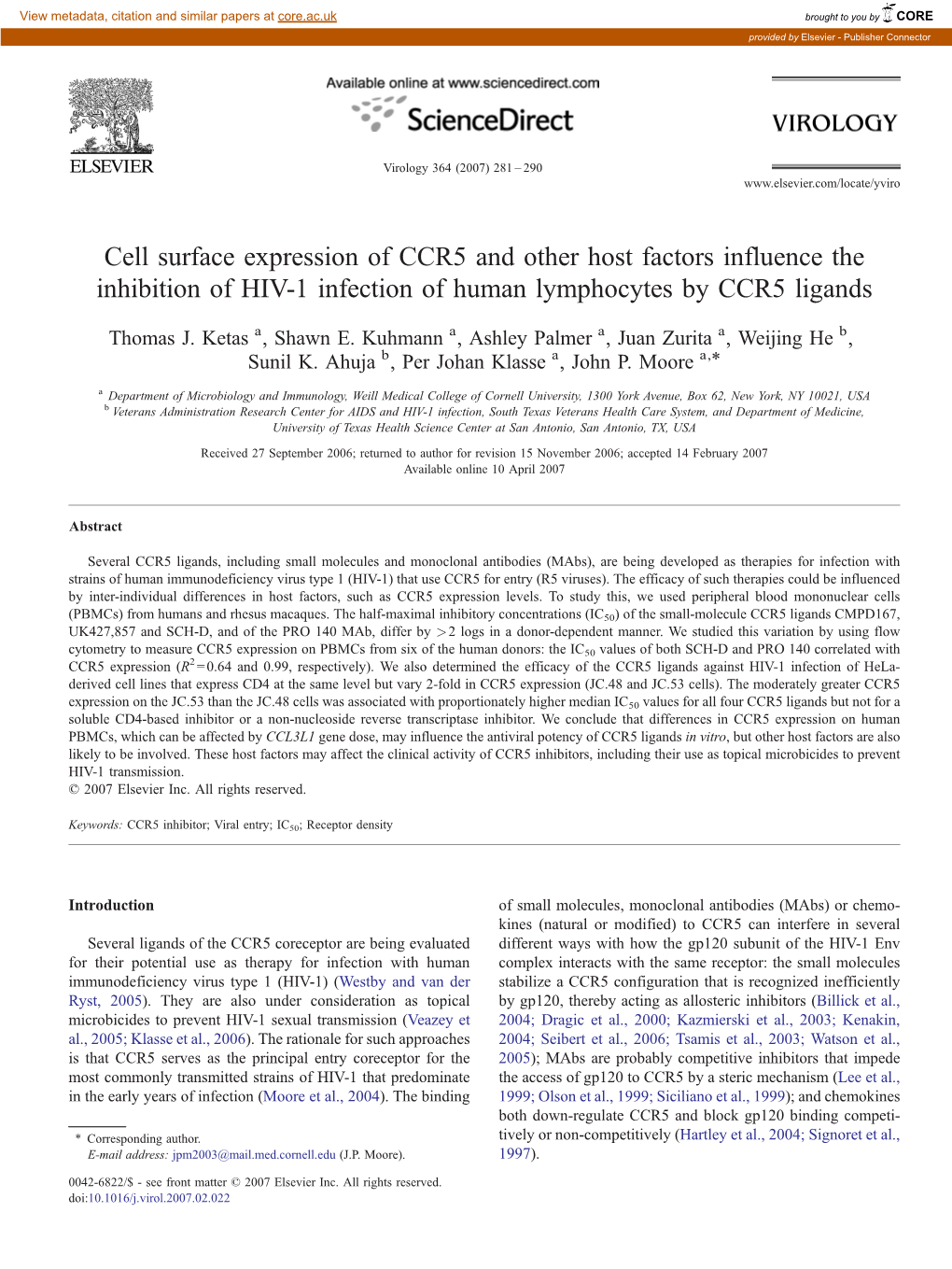 Cell Surface Expression of CCR5 and Other Host Factors Influence the Inhibition of HIV-1 Infection of Human Lymphocytes by CCR5 Ligands