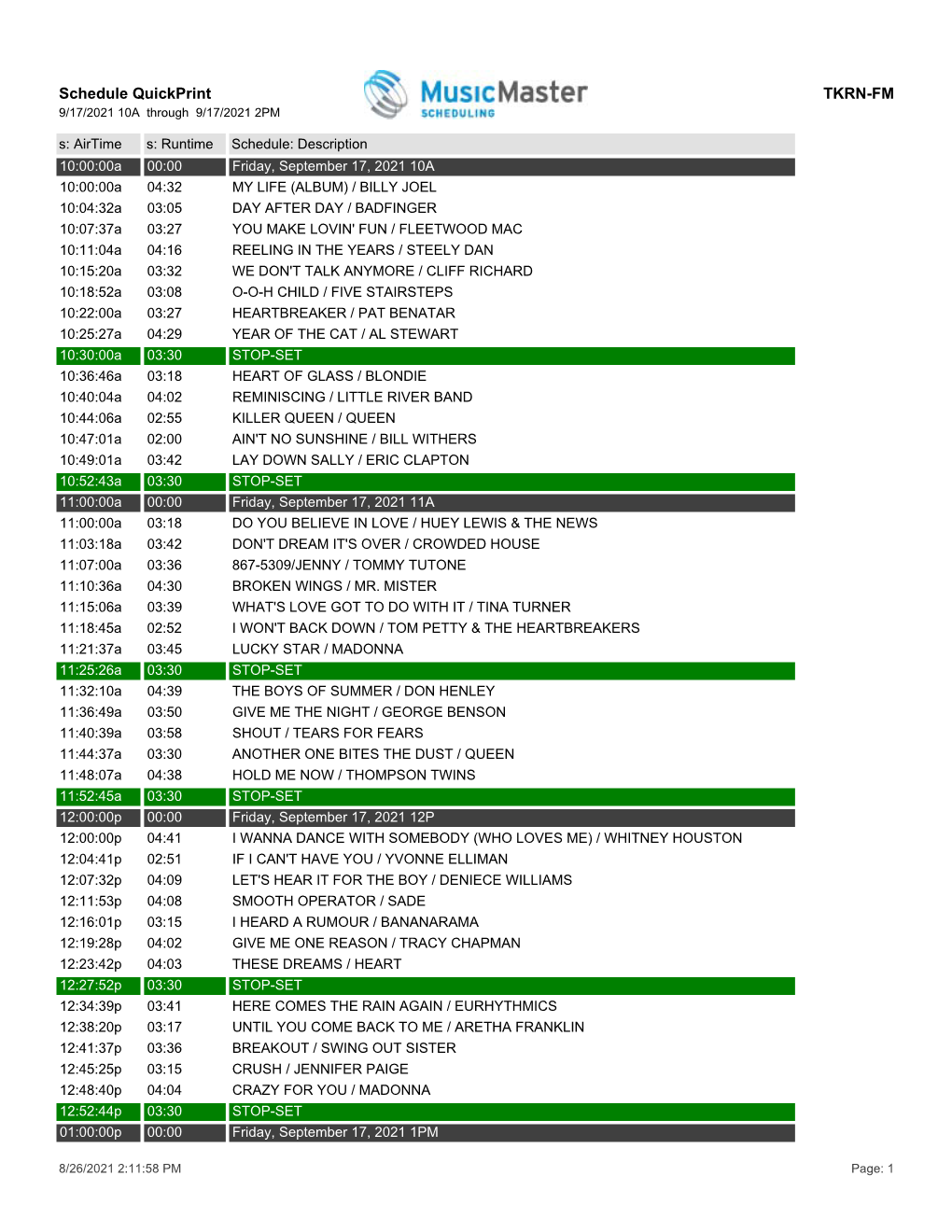 Schedule Quickprint TKRN-FM