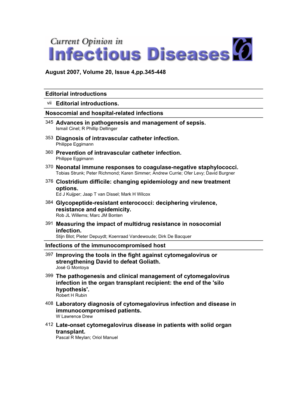 Current Opinion in Infectious Diseases Was Launched in 1988