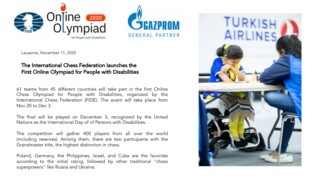 The International Chess Federation Launches the First Online Olympiad for People with Disabilities