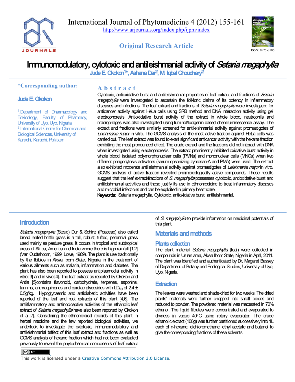 Immunomodulatory, Cytotoxic and Antileishmanial Activity of Setaria Megaphylla Jude E