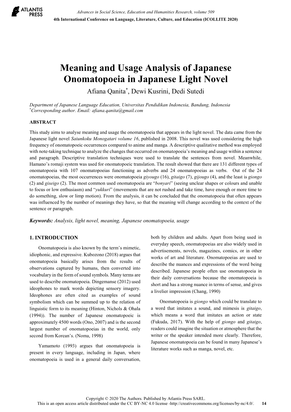 Meaning and Usage Analysis of Japanese Onomatopoeia in Japanese Light Novel Afiana Qanita*, Dewi Kusrini, Dedi Sutedi