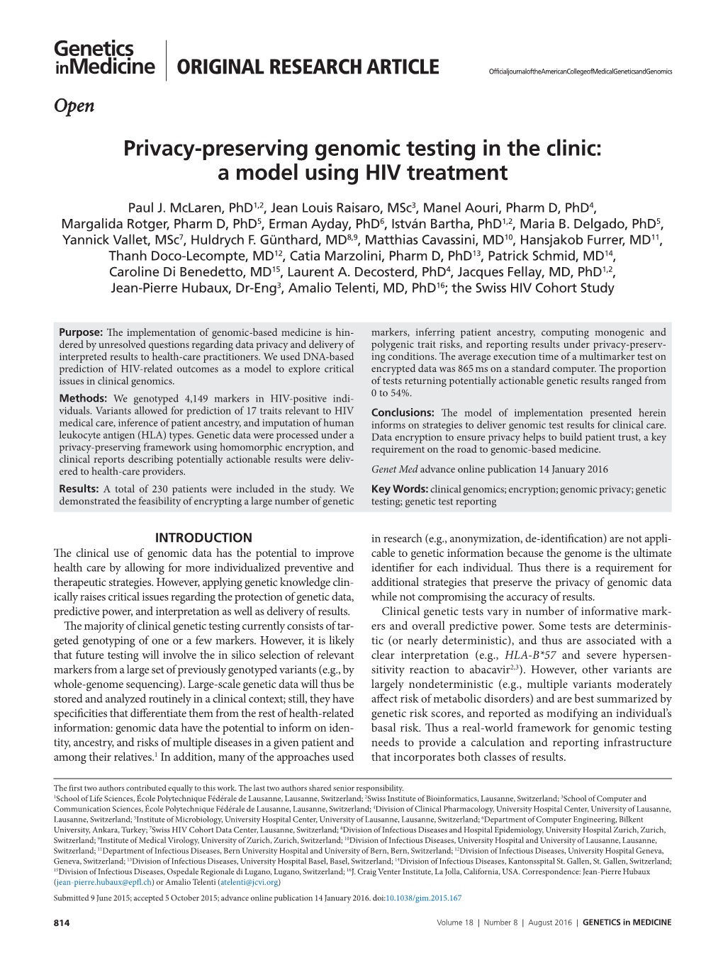 Privacy-Preserving Genomic Testing in the Clinic: a Model Using HIV Treatment