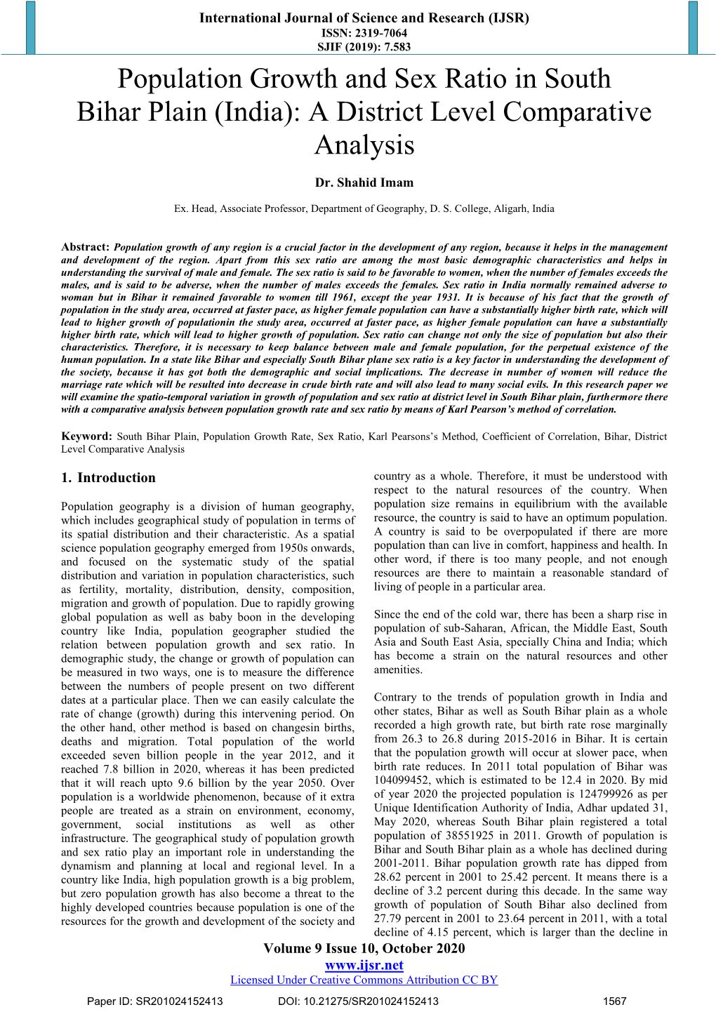 Population Growth and Sex Ratio in South Bihar Plain (India): a District Level Comparative Analysis