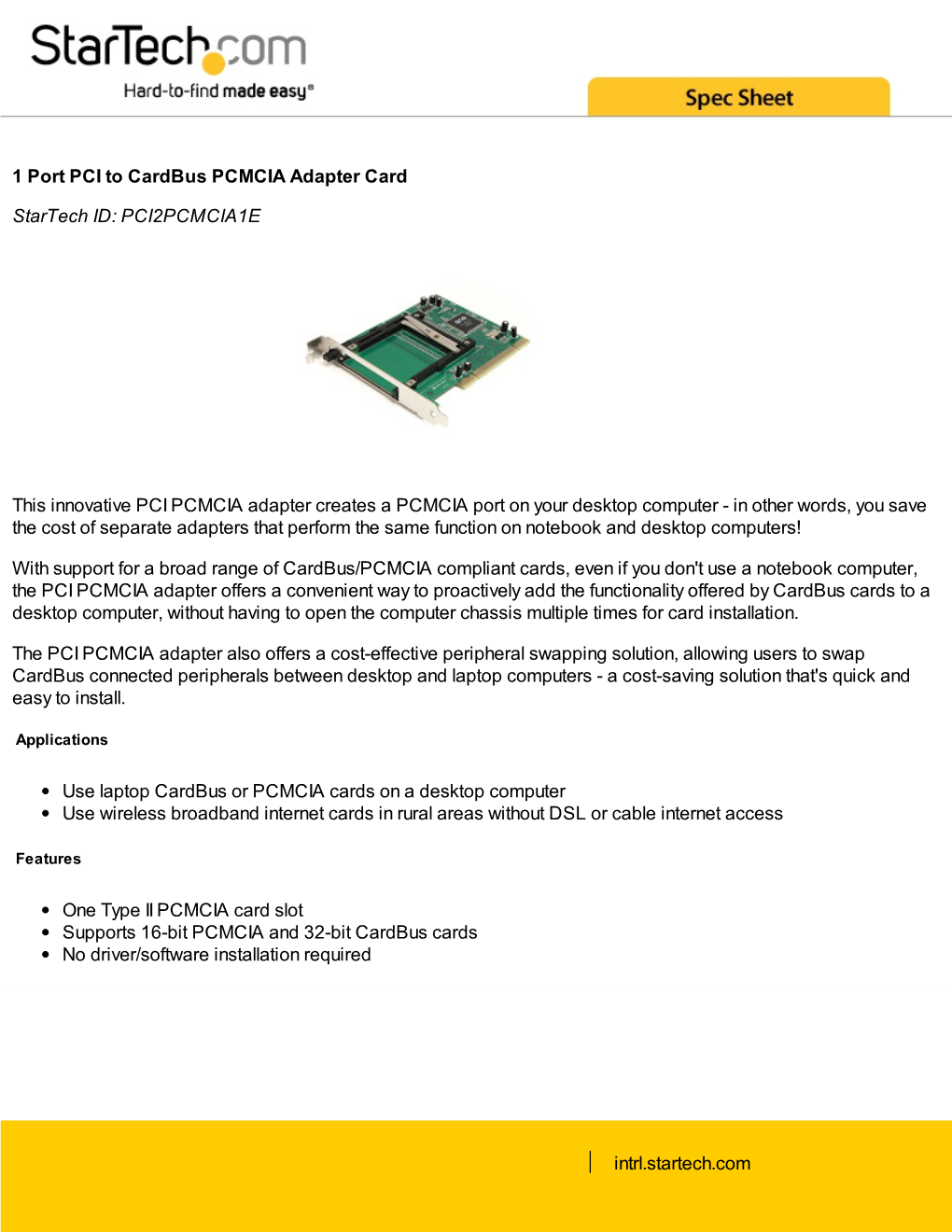 1 Port PCI to Cardbus PCMCIA Adapter Card Startech ID