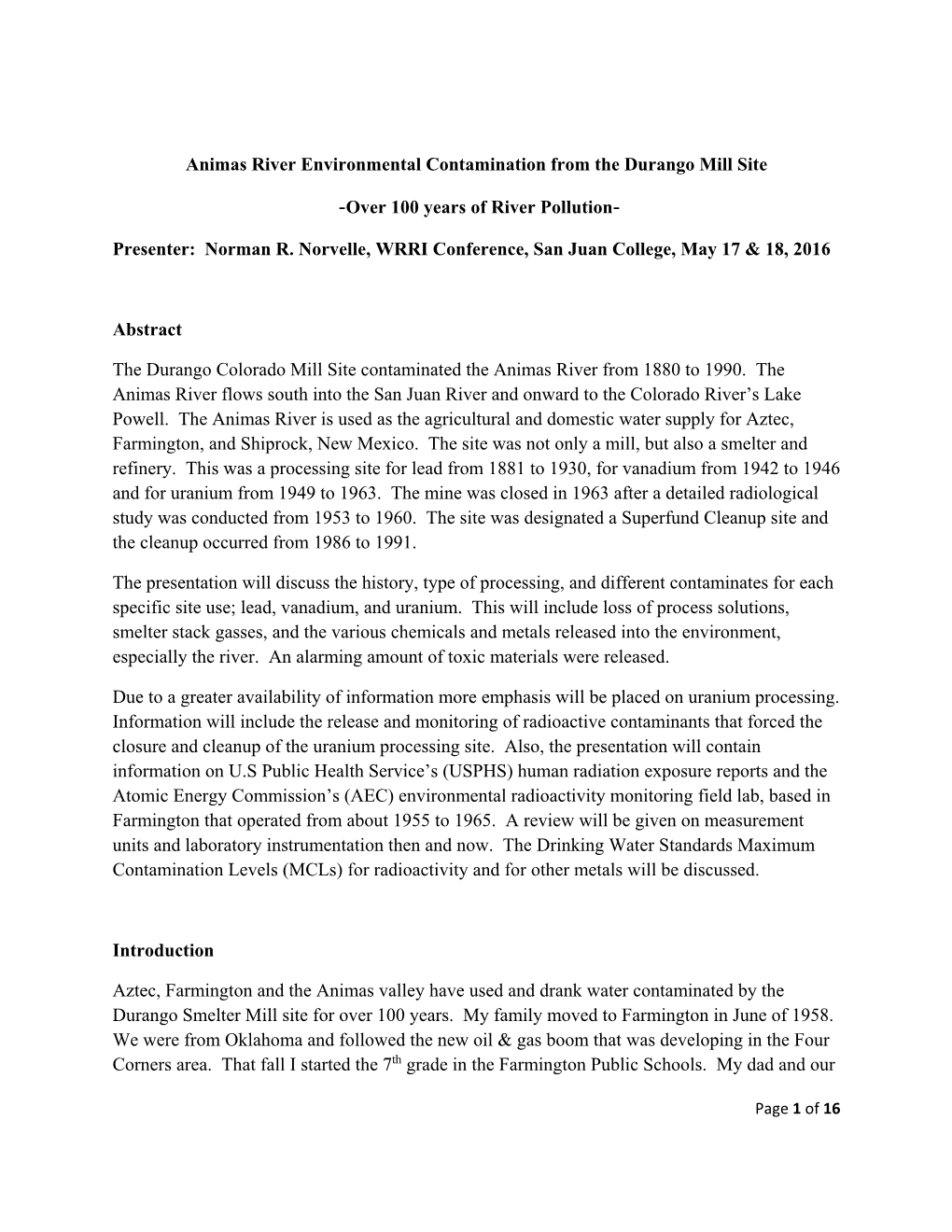 Animas River Environmental Contamination from the Durango Mill Site