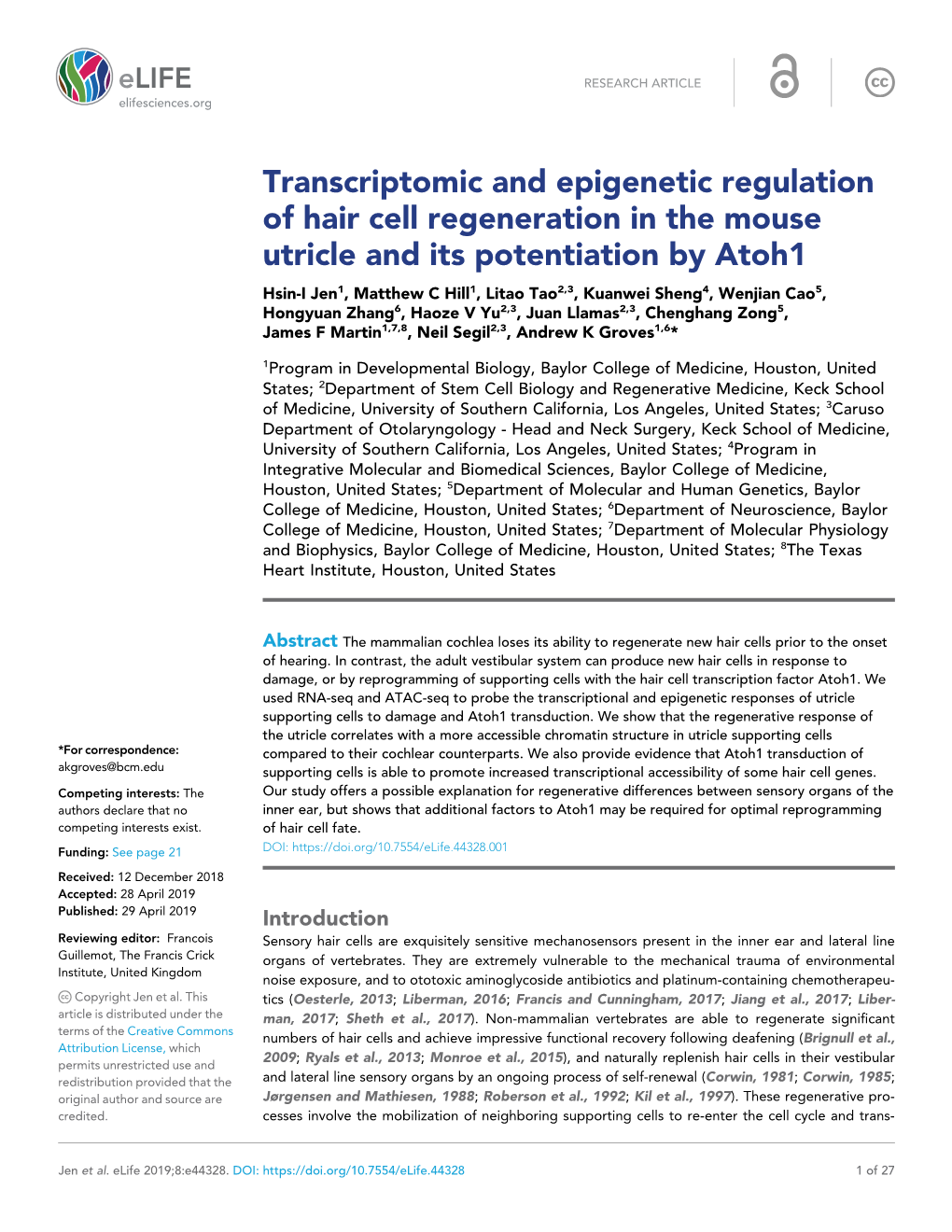 Transcriptomic and Epigenetic Regulation of Hair Cell Regeneration