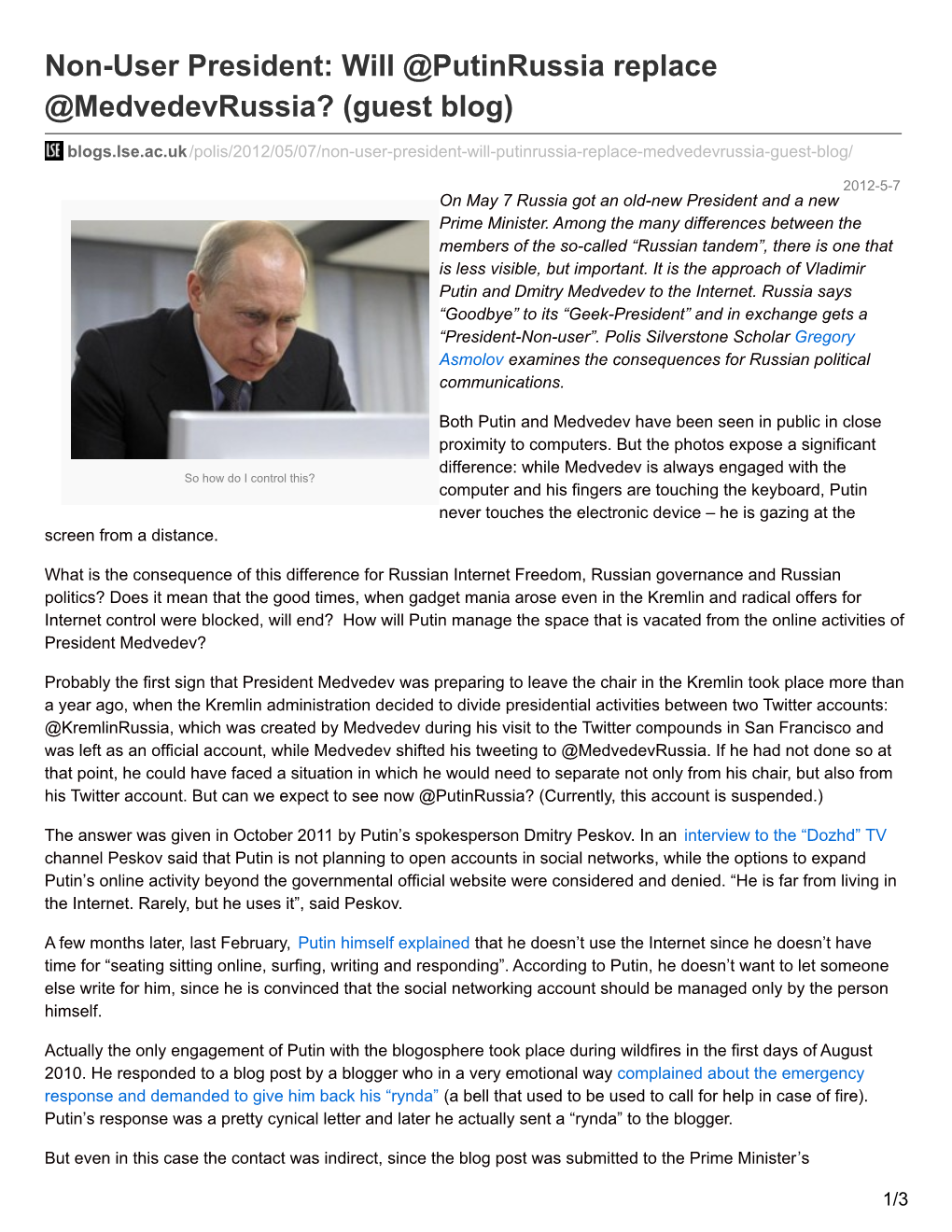 Non-User President: Will @Putinrussia Replace @Medvedevrussia? (Guest Blog)