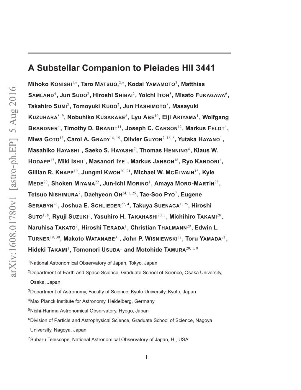 A Substellar Companion to Pleiades HII 3441 As Part of the SEEDS Survey Us- Ing Subaru/Hiciao Together with AO188
