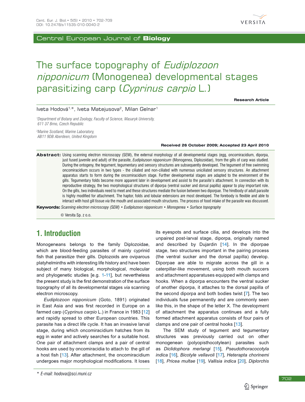 The Surface Topography of Eudiplozoon Nipponicum (Monogenea) Developmental Stages Parasitizing Carp (Cyprinus Carpio L.)