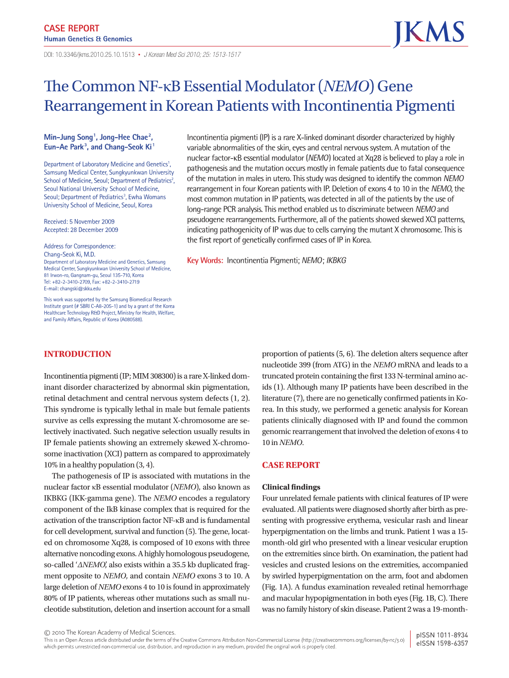 NEMO) Gene Rearrangement in Korean Patients with Incontinentia Pigmenti