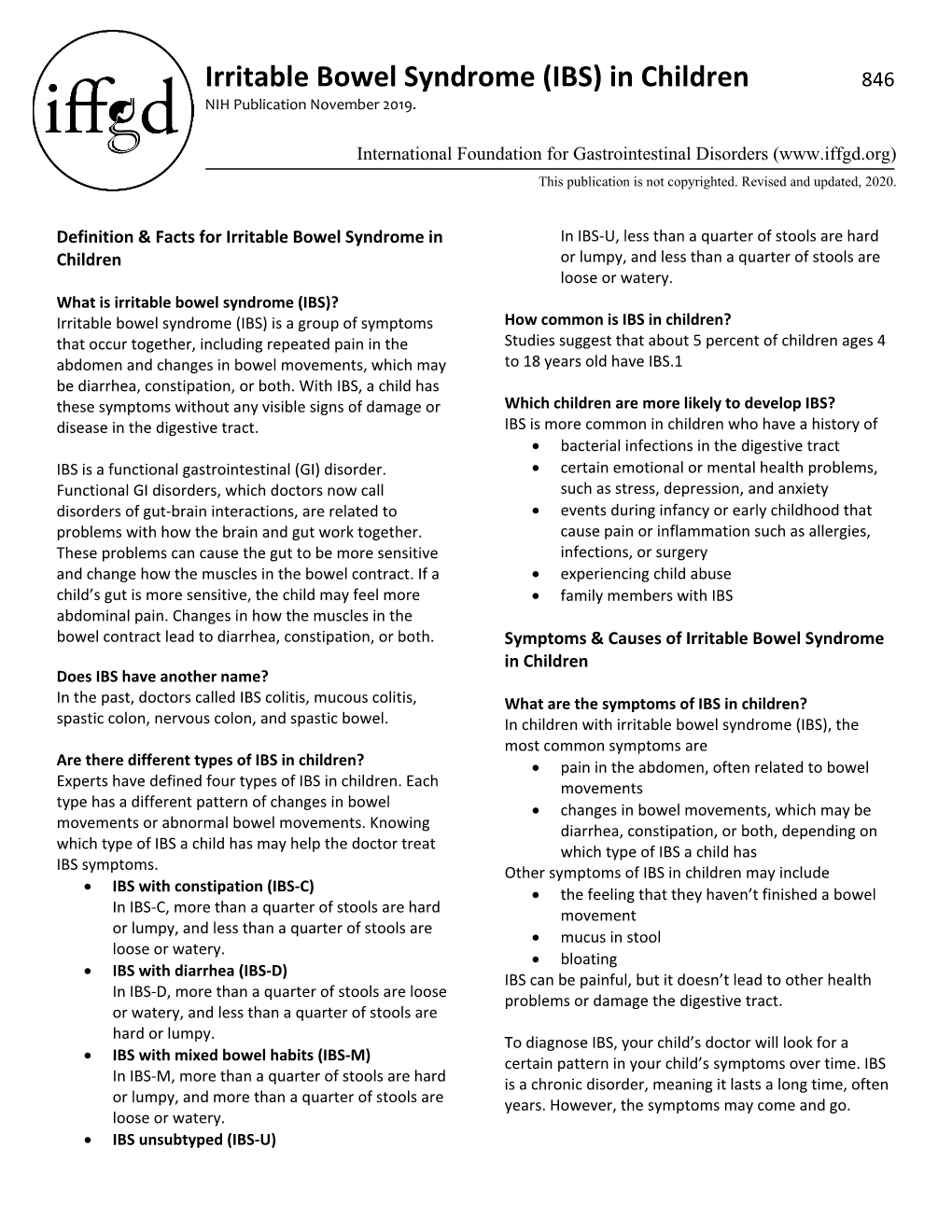 Irritable Bowel Syndrome (IBS) in Children 846 NIH Publication November 2019