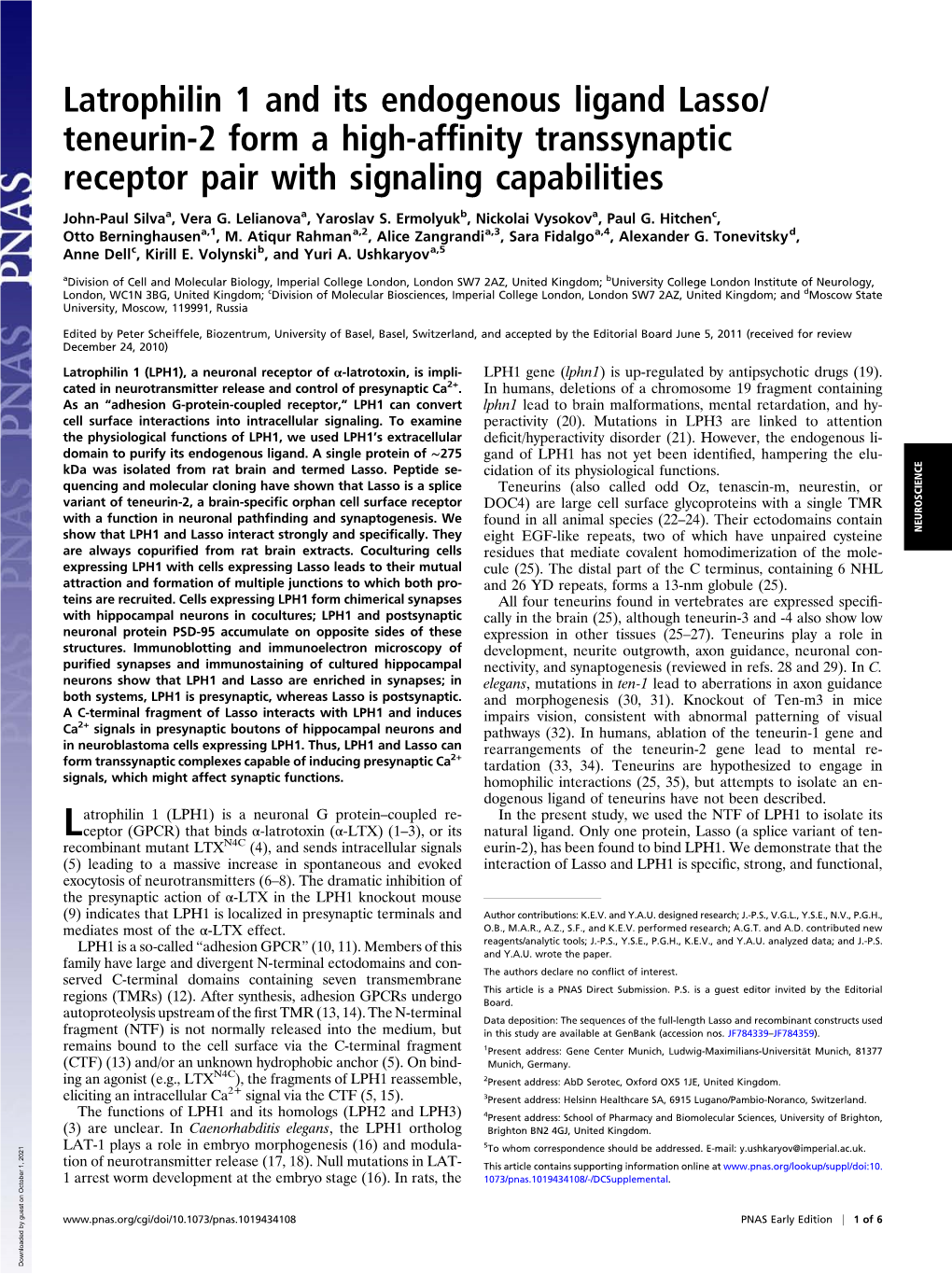 Latrophilin 1 and Its Endogenous Ligand Lasso/ Teneurin-2 Form a High-Afﬁnity Transsynaptic Receptor Pair with Signaling Capabilities