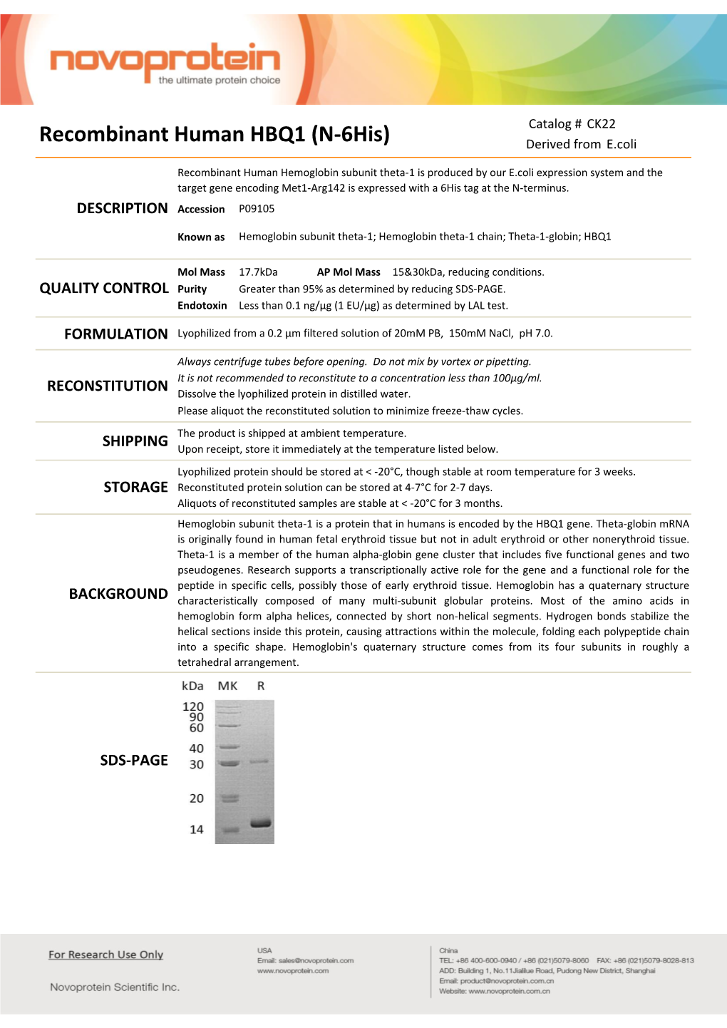 Recombinant Human HBQ1 (N-6His) Derived from E.Coli