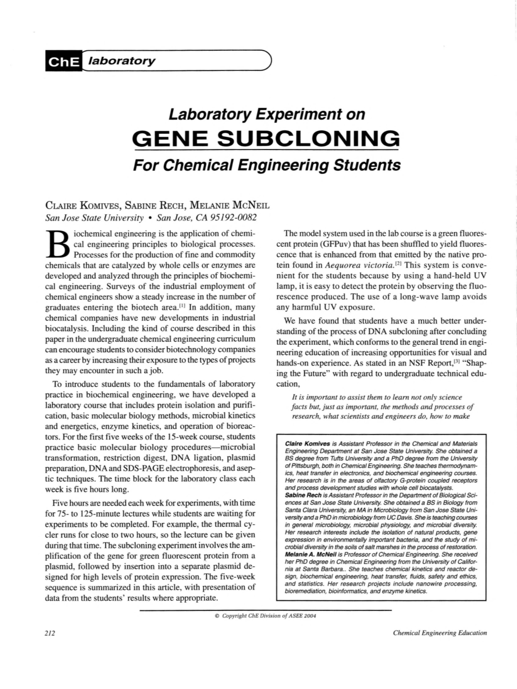 GENE SUBCLONING for Chemical Engineering Students