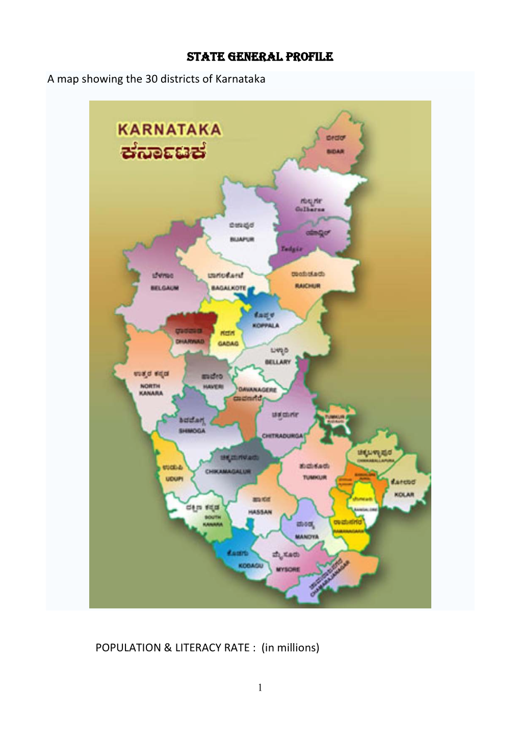 STATE GENERAL PROFILE a Map Showing the 30 Districts of Karnataka