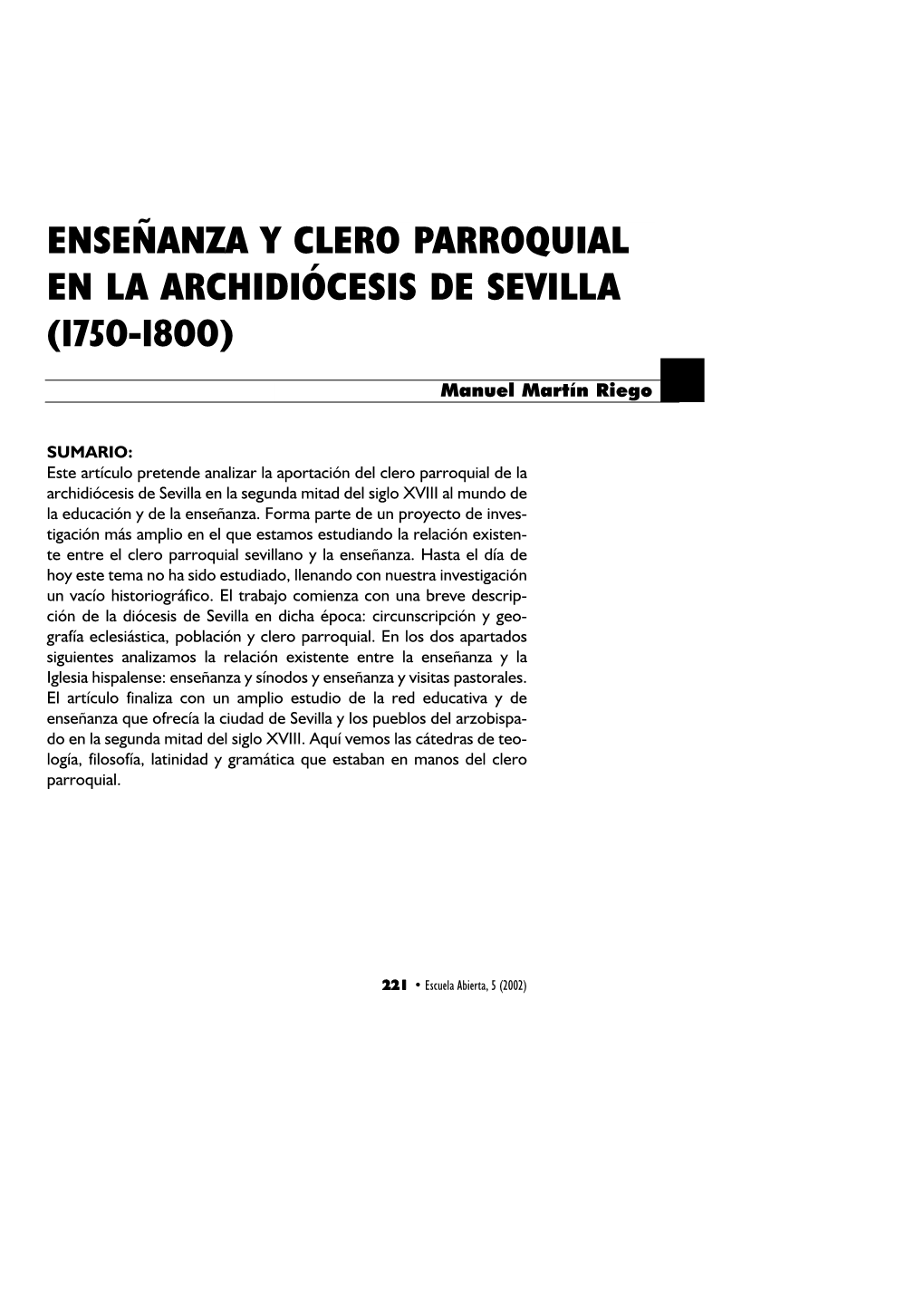 Enseñanza Y Clero Parroquial En La Archidiócesis De Sevilla (1750-1800)