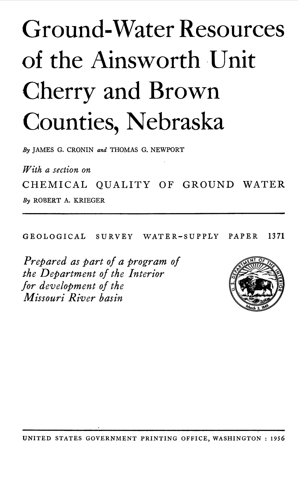 Ground-Water Resources of the Ainsworth Unit Cherry and Brown Counties, Nebraska