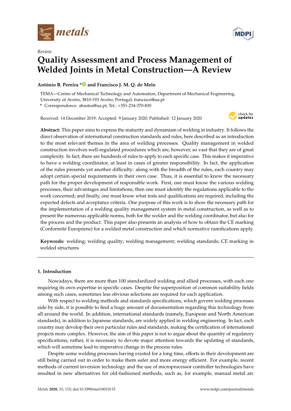 Quality Assessment and Process Management of Welded Joints in Metal Construction—A Review