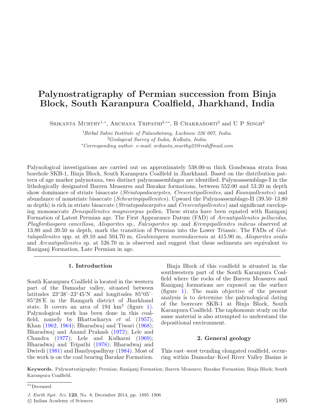 Palynostratigraphy of Permian Succession from Binja Block, South Karanpura Coalﬁeld, Jharkhand, India