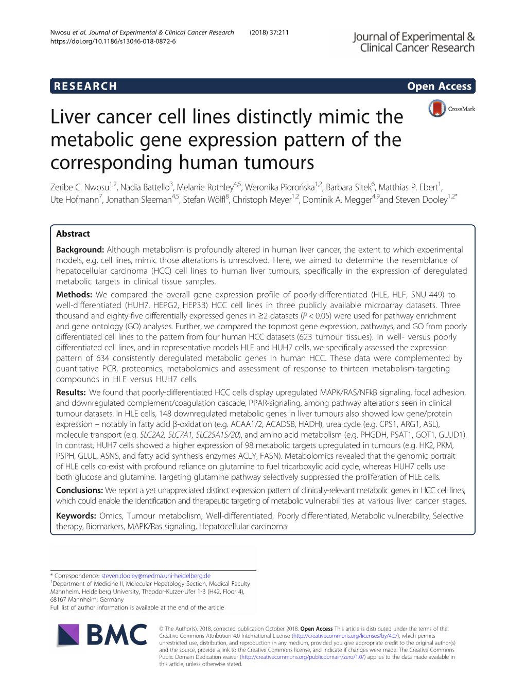 Liver Cancer Cell Lines Distinctly Mimic the Metabolic Gene Expression Pattern of the Corresponding Human Tumours Zeribe C