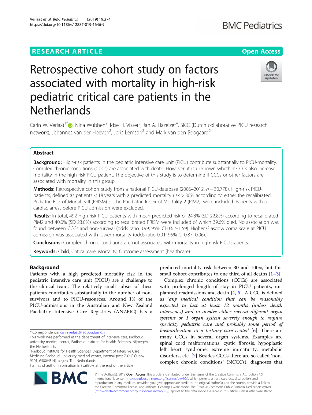 Retrospective Cohort Study on Factors Associated with Mortality in High-Risk Pediatric Critical Care Patients in the Netherlands Carin W
