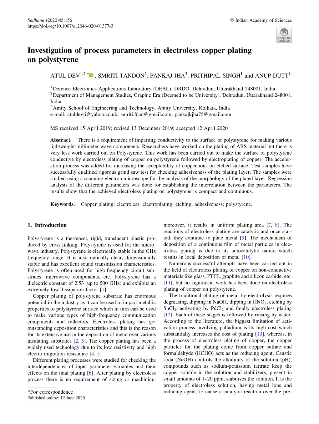 Investigation of Process Parameters in Electroless Copper Plating on Polystyrene