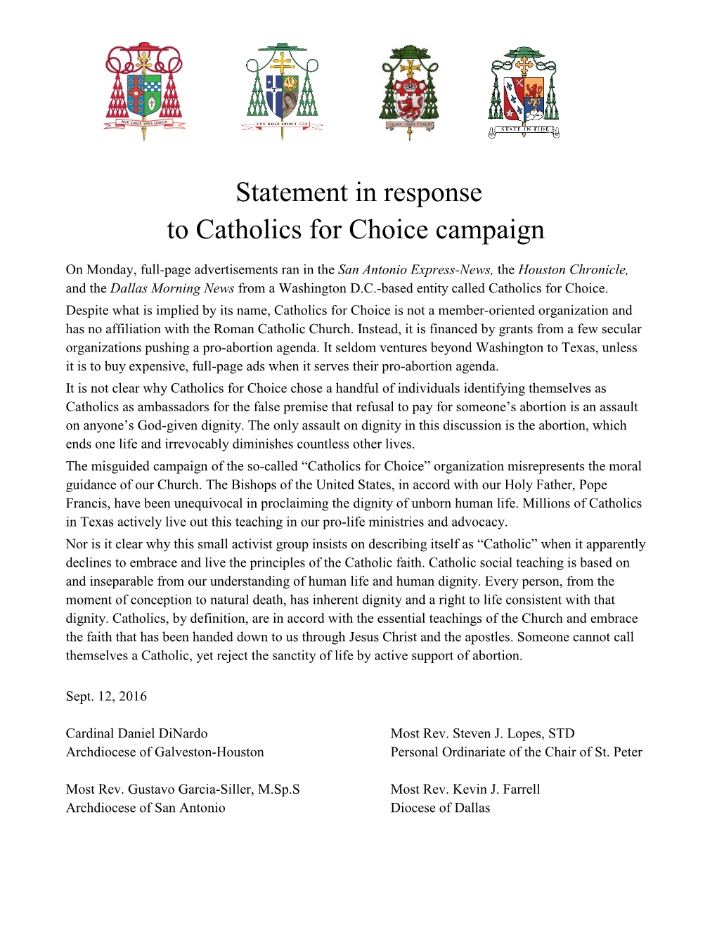 Statement in Response to Catholics for Choice Campaign