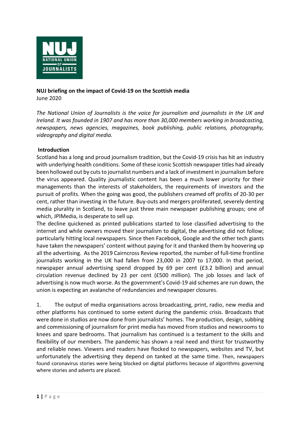 NUJ Briefing on the Impact of Covid-19 on the Scottish Media June 2020