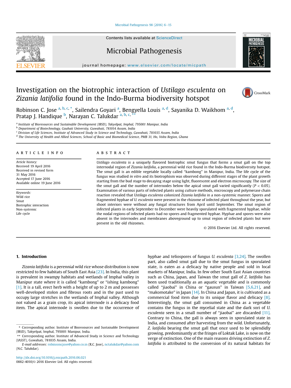 Investigation on the Biotrophic Interaction of Ustilago Esculenta on Zizania Latifolia Found in the Indo-Burma Biodiversity Hotspot