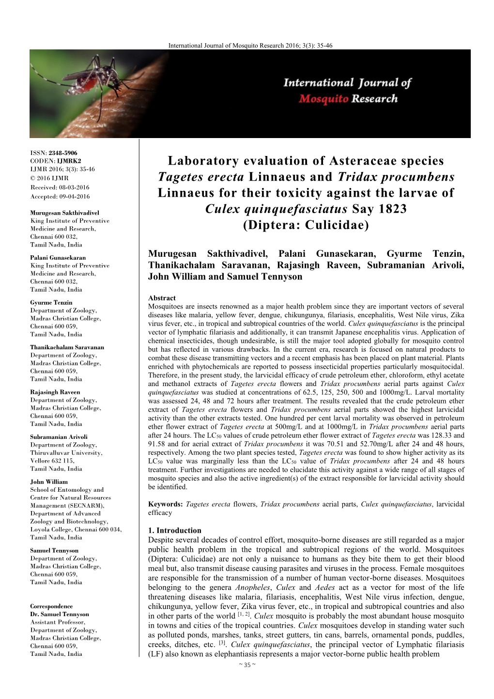 Laboratory Evaluation of Asteraceae Species Tagetes Erecta Linnaeus