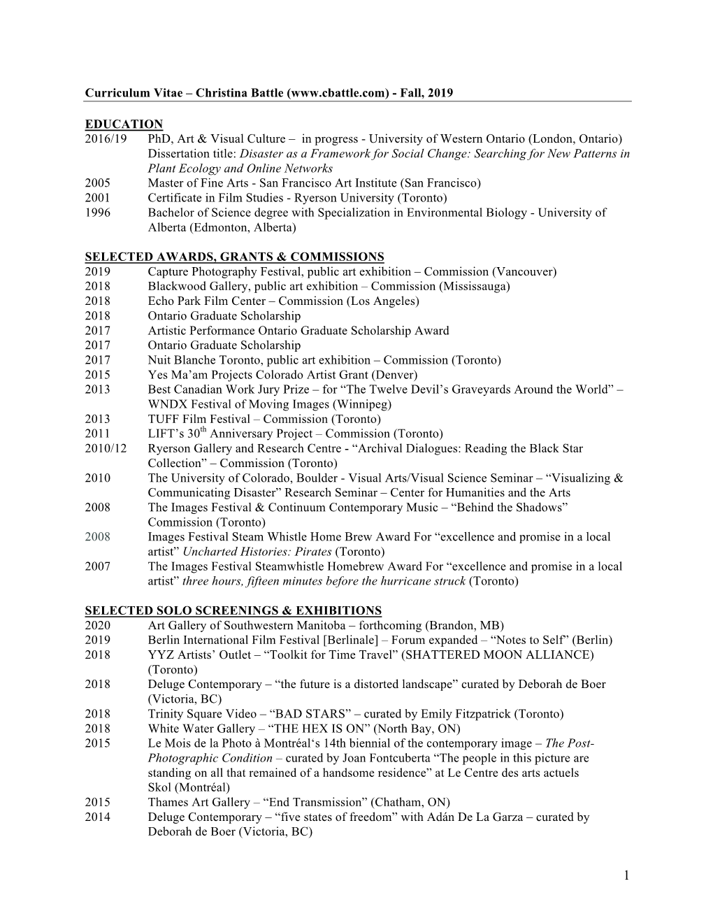 Curriculum Vitae – Christina Battle ( - Fall, 2019